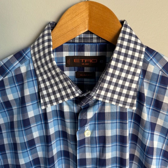 Etro Milano Men's Slim Fit‎ Long Sleeve Plaid Button Up Casual Dress Shirt 42 - Picture 5 of 13